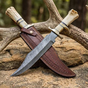 Cuchillo Bowie de Acero de Damasco Forjado a Mano con Mango de Hueso, Cuchillo de Caza con Funda de Cuero, Cuchillo de Damasco Hecho a Mano Personalizado, Regalo - Product Image 1