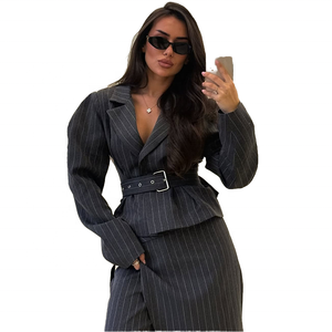 Women's Striped Pinstripe <b>Blazer</b> <b>Set</b> Belt Full Length Elegant Two Piece Suit Long Sleeve Bow Collar Woven Fabric - Product Image 2