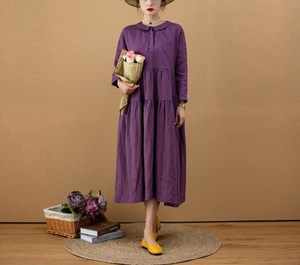 Robe longue décontractée pour femme en coton et lin, style bohème, coupe ample, manches longues, violette, à volants - Product Image 1