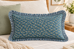 RIDHI Western Peacock Blue Floral Ruffle Lumbar Pillow <b>Cover</b> <b>Set</b> Hand Block Print Eco-Friendly Cotton Customizable Removable - Product Image 2