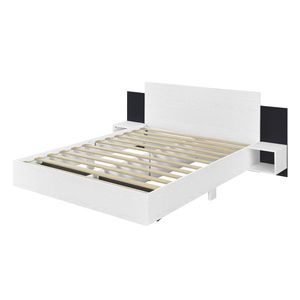 Queen Size Oak Floating <b>Platform</b> <b>Bed</b> <b>Frame</b> Comfortable Hand Carved LED Lights White Bedside Nightstand Wooden Storage Option - Product Image 5