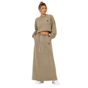 Vintage Washed <b>Women</b> Loose Sweat Cargo Skirt & Cropped Sweatshirt Casualwear <b>Back</b> Center Split Maxi OEM Tracksuit Custom Logo - Product Image 1