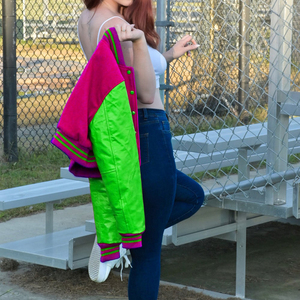 Womens <b>Varsity</b> Crop <b>Jacket</b> <b>Purple</b> Lime Green Letterman Style Bomber Coat Faux Leather Sleeves Casual Outerwear Ladies Fashion - Product Image 2