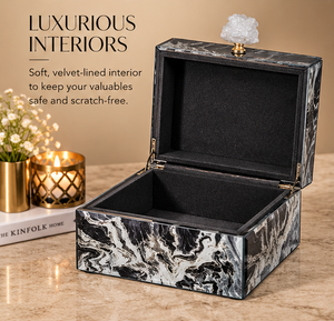 Black Marble Glass Jewelry Storage Box with Crystal Stone Knob Glossy Finish Soft Lining Decorative Keepsake Organizer - Product Image 4