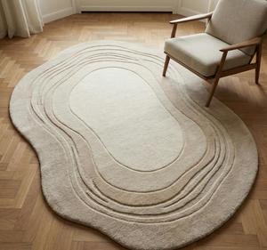 Modern <b>Abstract</b> Wavy Oval Wool Anti-Slip Area Rug Soft Tufted Cream Beige Ripple Line Shaped for Living Room Bedroom - Product Image 1