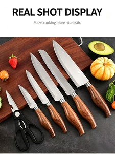Juego de cuchillos de cocina de acero inoxidable de 7 piezas con soporte giratorio para herramientas. El mango con textura de madera simulada se adapta a la ergonomía. - Product Image 3