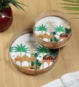 Plateau décoratif rond plaqué or avec motif bohème et poignée pour la décoration de la maison, plateau indien royal Pichwai - Product Image 2