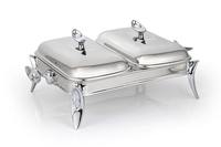 Plat de service de luxe en acier inoxydable à double compartiment, chauffe-plat buffet professionnel, station de service traiteur avec accents dorés