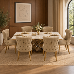Ensemble de salle à manger moderne et durable en marbre avec six chaises capitonnées pour restaurant, hôtel ou usage domestique, en provenance d'Indonésie - Product Image 1