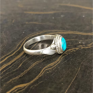 Bohemian Handcrafted Silver 925 <b>Ring</b> Featuring Blue Oval <b>Turquoise</b> Stone - Antique Style Everyday Stacking Jewelry - Product Image 4