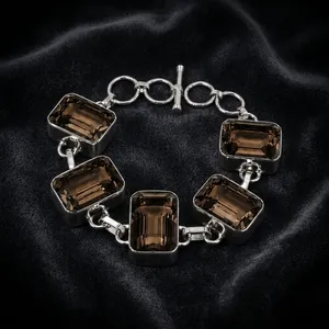 Smoky Quartz 925 Sterling Silver <b>Bracelet</b> | Emerald Cut Gemstone Link <b>Bracelet</b> | Handmade Statement Jewelry | Gift for Women - Product Image 3