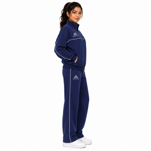 Ensemble de survêtement 2 pièces bleu marine uni à capuche pour femme, personnalisable avec logo, en polyester/coton, veste de sport athlétique pour tous - Product Image 4