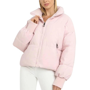 Women's Pink Quilted Jacket <b>Stand</b> Collar Full Sleeve Zipper Closure Solid Color Short Length Winter <b>Coat</b> - Product Image 4