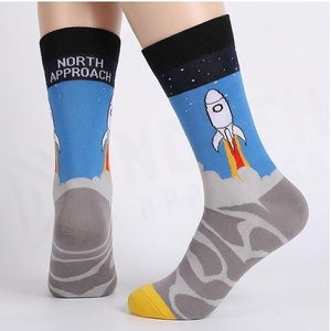 Crew <b>Socks</b> Cartoon Rocket Design Blue Gray Yellow Toe Breathable Casual <b>Socks</b> for Adults Spring Season - Product Image 3