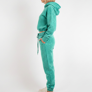 Hot Selling Acid Washed Relaxed Fit Crop Top Hoodie & Baggy Jogger <b>Set</b> Breathable Fashionable Hip Hop Tracksuit For Women - Product Image 5