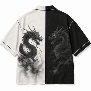 Chemise de bowling personnalisée avec motif dragon Y2K pour homme, noire et blanche, coupe oversize, col camp, streetwear, boutonnée, vente en gros - Product Image 3