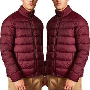 Men's Burgundy Stand Collar Puffer <b>Jacket</b> Windproof Casual Winter <b>Jacket</b> Regular <b>Fit</b> Zipper Closure Solid Color <b>Slim</b> Style - Product Image 5
