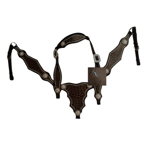 ASHMIRA EQUESTRIAN Ensemble de têtière et de collier de poitrine en cuir marron imprimé croco style Western avec conchos en cristal pour l'équitation tout-terrain - Product Image 1