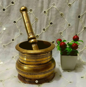 Solid dark antique brass mortar pestle set with flared base for spice grinding, available at wholesale prices. - Product Image 4