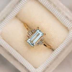 Antique Aquamarine Moissanite Engagement Ring 925 Sterling <b>Silver</b> 14K Gold Plated Elegant Art Deco Anniversary Ring - Product Image 4