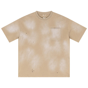 Men's Beige Washed Spandex/Cotton O-Neck Short Sleeve Regular Fit Distressed <b>Pocket</b> Casual Streetwear <b>T</b>-<b>Shirt</b> Breathable - Product Image 1