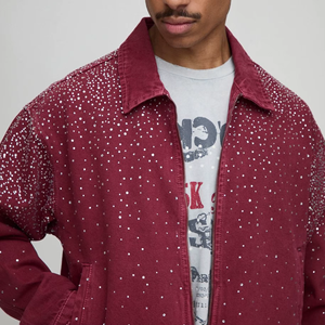 Men's Maroon <b>Denim</b> <b>Jacket</b> Dot <b>Sequined</b> Print Casual Turn-down Collar Zipper Front Loose Fit Autumn Wear - Product Image 6