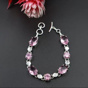 Pulsera de Plata de Ley con Cuarzo Rosa Natural, Corte Ovalado, Hecha a Mano, Ajustable, Joyería de Lujo, Regalo de Cumpleaños para Ella - Product Image 1