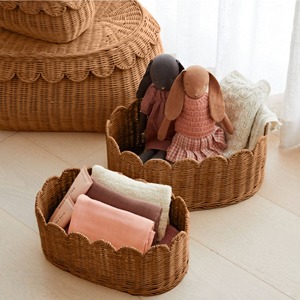 Natural Rattan Storage <b>Baskets</b> Oval Scallop Design <b>Stackable</b> Eco-Friendly Nordic Style For Nursery Kids Room Home Organization - Product Image 6
