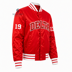 Delta |   Sigma |   Chaqueta universitaria roja de satén para mujer Theta con botones a presión, letras griegas bordadas, cuello y puños de punto a rayas, ropa exterior - Product Image 2
