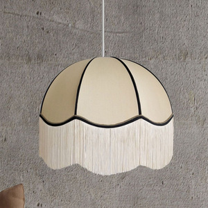 Lampe suspendue en tissu crème rétro français avec franges bordeaux, dôme festonné vintage, pour salle à manger, café, hôtel, décoration - Product Image 5