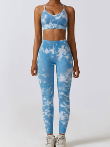 Women's Active Wear <b>Blue</b> Cloud Print Yoga Set High Waist Leggings <b>Crop</b> <b>Top</b> 2 Piece Workout Outfit Sweat Wicking Full Length - Product Image 5