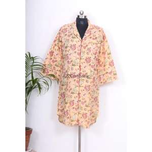 เดรสยาวพิมพ์ลายดอกไม้ผ้าฝ้าย แขนสไตล์เกาหลี พิมพ์ลายด้วยมือ คอวี ไซส์มินิ เสื้อเชิ้ตสไตล์ลำลอง ใส่ไปงานปาร์ตี้ฤดูร้อนได้ - Product Image 1