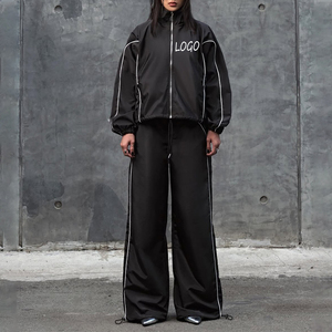 Women's Black <b>Tracksuit</b> Set Full Length Zipper Stand Collar Loose Fit Breathable Polyester Streetwear Autumn Sportswear - Product Image 2