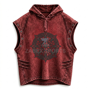 Chaleco de mezclilla de algodón personalizado OEM para hombre, sin mangas, con capucha y estampado gráfico - Product Image 1