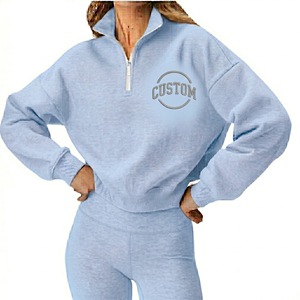Women's ASPINO INTERNATIONAL Blue Quarter <b>Zip</b> <b>Hooded</b> Sweatshirt Full Sleeve Knitted 100% Cotton Breathable Anti-Shrink - Product Image 4