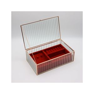 Glass Jewelry Organizer with Gold Frame Red Interior <b>Trinket</b> <b>Box</b> for Rings Earrings Necklace Storage Display Vanity Drawer - Product Image 1