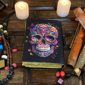 Carnet en cuir véritable imprimé squelette coloré classique, fait main, style vintage, pour livre de sorts, sorcières, païens, couverture Al-amir, fait main - Product Image 1