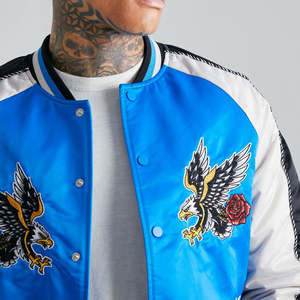 Veste universitaire en satin de haute qualité avec broderie et dentelle pour homme, vêtements d'extérieur d'hiver, veste bomber en satin polyester pour homme - Product Image 4