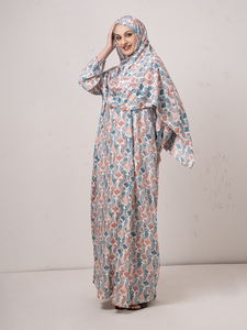 Abaya longue ouverte pour femme en mousseline florale avec ensemble hijab imprimé assorti, style malaisien, service OEM, double couche, attache avant, rose - Product Image 4