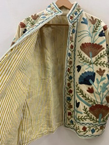 Veste en coton brodée de fleurs, col mandarin, manches longues, style Prairie Chic, vêtements d'automne pour adultes, longueur normale - Product Image 3