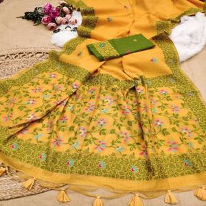 VASTRA COTTAGE Saree Jamdani de Algodón Chanderi Premium con Pallu de Tejido Resham, Borde Floral, Borlas Elegantes y Blusa en Contraste - Product Image 6