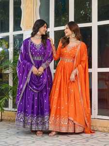 Vestido Anarkali de Seda Americana Naranja de Moda con Hilo y Lentejuelas para Bodas y Fiestas, Traje Indio Pakistaní para Mujer - Product Image 4