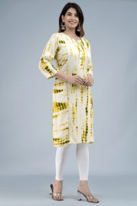 Women Yellow Tie Dye Printed <b>Kurti</b> With , 3/4 Sleeves Casual Ethnic Wear Straight Kurta for Daily Wear . - Product Image 4
