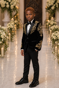 Luxury Black Velvet Boys Tuxedo Suit with Gold Embroidered <b>Blazer</b> Formal Wedding Party Suit for Kids - Product Image 3