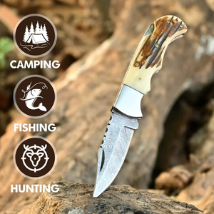 Couteau pliant artisanal en acier Damas : manche en corne de cerf, étui en cuir - Product Image 6