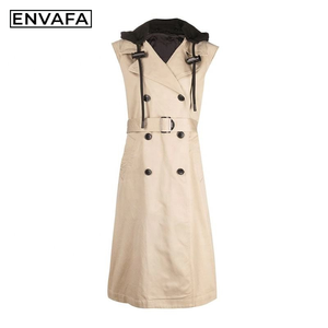 ENVAFA <b>Women</b> Hooded Sleeveless Double Breasted Trench <b>Coat</b> Long <b>Belted</b> Casual Windproof Waterproof Eco-Friendly Solid Color 100% - Product Image 4