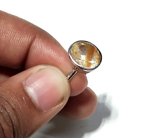 Natural Golden Rutilated <b>Quartz</b> <b>Ring</b> 925 Sterling Silver Faceted Gemstone Round Bezel Set Minimalist Style Unisex Jewelry - Product Image 1