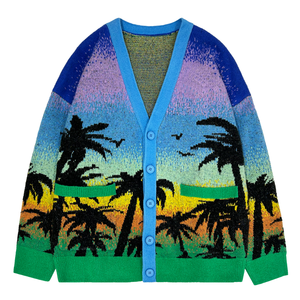 Cardigan en acrylique pour homme, col en V, manches longues, imprimé palmiers tropicaux, fermeture boutonnée, épaisseur standard, respirant, pour l'été - Product Image 1