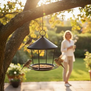 Mangeoire à oiseaux suspendue en fer avec toit conique et oiseau décoratif pour jardin, utilisation extérieure, station de nourrissage artisanale pour oiseaux - Product Image 4