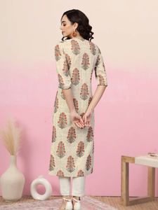 ชุดคุर्ตาผ้าฝ้ายแคมบริคสีเบจสำหรับผู้หญิง ตกแต่งด้วยเลื่อม แขนสามส่วน ทรงตรง สวมใส่สบายๆ สไตล์ชาติพันธุ์ สำหรับฤดูร้อน แห้งเร็ว ผลิตจากวัสดุรีไซเคิล - Product Image 3